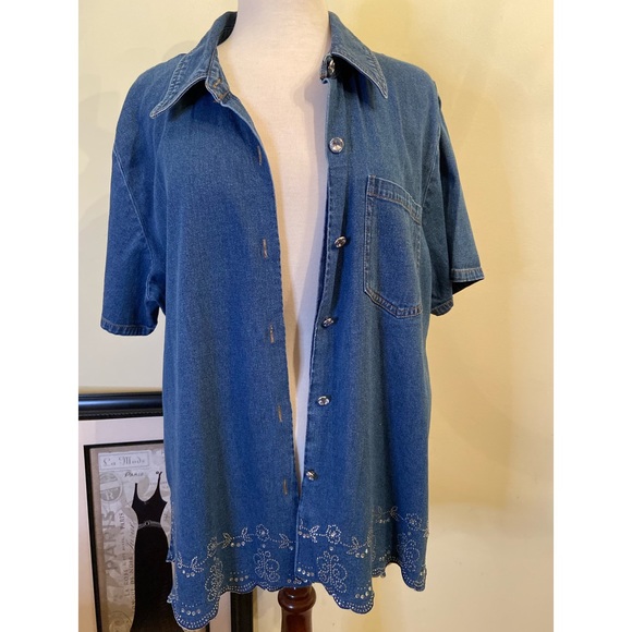 Quacker Factory Denim Top Size XL Embellished Rhinestones - Picture 4 of 8